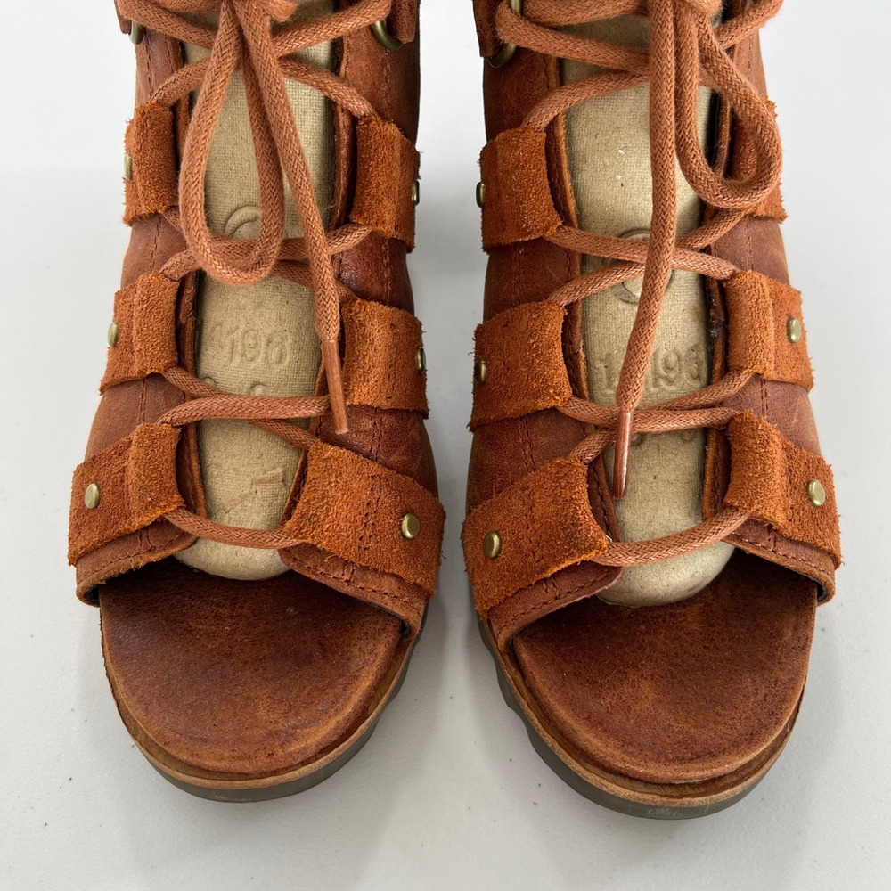 Sorel Addington Women's 7 Rust Brown Leather Lace Up Block Heel Sandals 659 - Picture 4 of 10